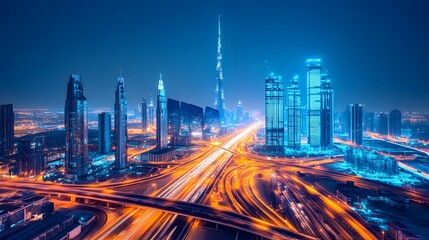 Fototapeta premium Futuristic City Skyline Illuminated by Vibrant Blue Highway Lights