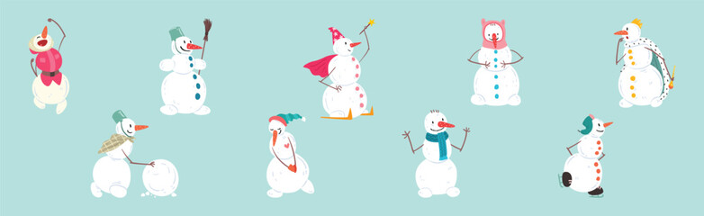 Funny Snowman Winter Figure Character with Face and Arms Vector Set