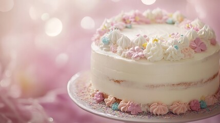 Naklejka premium Birthday cake with white icing and pastel floral accents presented in a soft dreamy atmosphere