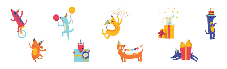Dog Puppy at Birthday Party Celebrate Holiday Vector Set