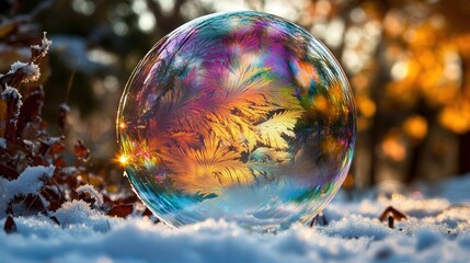 a soap bubble, its shimmering surface freezing into frost as it hovers over a snow-covered ground.