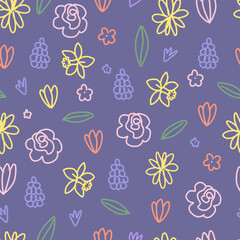 Colorful Hand Drawn Floral Pattern, Purple Background, Nature Design
