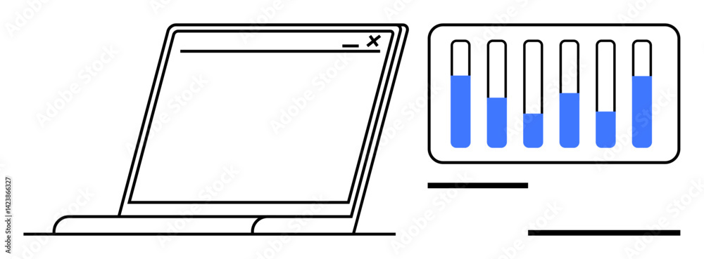 Poster laptop image alongside a data dashboard showing vertical bars with blue progress levels. ideal for a