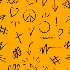 Black Hand Drawn Doodle Symbols Pattern, Yellow Background, Abstract Design