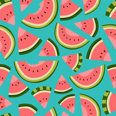 Seamless pattern with watermelon slices on turquoise background. Flat vector illustration. Summer fruit and healthy food concept. Design for wallpaper, textile, poster, banner, greeting card.