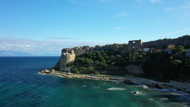 The historic Koroni Castle on the edge of the cliffs in Europe, Greece, Peloponnese, Mani, in summer on a sunny day.&nbsp;