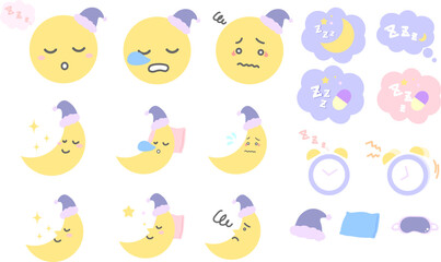 眠る月、睡眠のかわいいイラスト・アイコンセット
