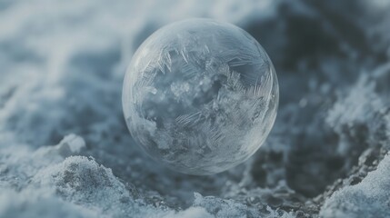 a soap bubble shows its delicate surface beginning to freeze, small icy patterns creeping across it as it hovers above the soft, snowy ground