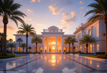 Fototapeta premium White villa reflecting sunset light, with columns and palm trees — ideal for luxury, vacation, and architectural visuals with a golden hour mood.