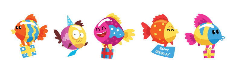 Funny Fish Character Floating with Gift Box Celebrating Holiday Vector Set