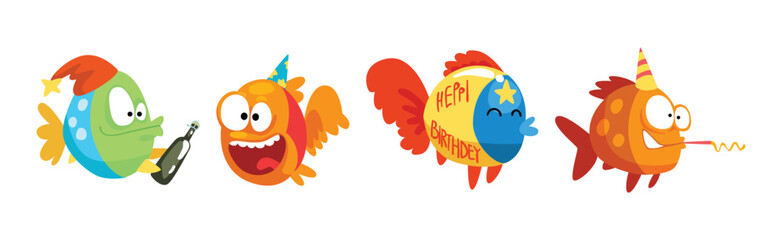 Funny Fish Character Floating with Champagne and Whistle Celebrating Holiday Vector Set