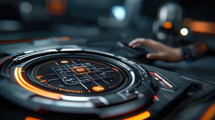 5g networks connectivity AI integration Futuristic control panel with glowing interface and hand interaction.