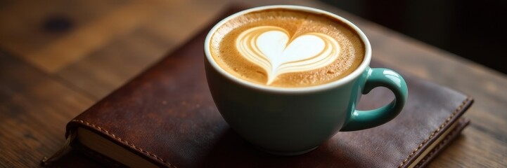 Obraz premium Heart latte art, leather notebook; cozy coffee break, wooden, heart, drink
