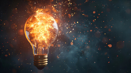 Fiery lightbulb explosion concept representing intense creative energy, innovation, or power, with dynamic sparks and smoke against a dark bokeh background.
