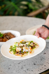 A close-up of a beautifully plated dish featuring fresh vegetables, herbs, and seafood, served on an elegant white plate. A hand delicately presents the dish, highlighting fine dining.