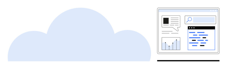Cloud graphic beside web interface displaying graphs, search bar, and document elements. Ideal for data analysis, cloud computing, online research, SaaS, digital communication, IT solutions simple