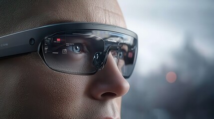 5g networks connectivity AI integration Close-up of a person's face wearing smart glasses with a futuristic design.
