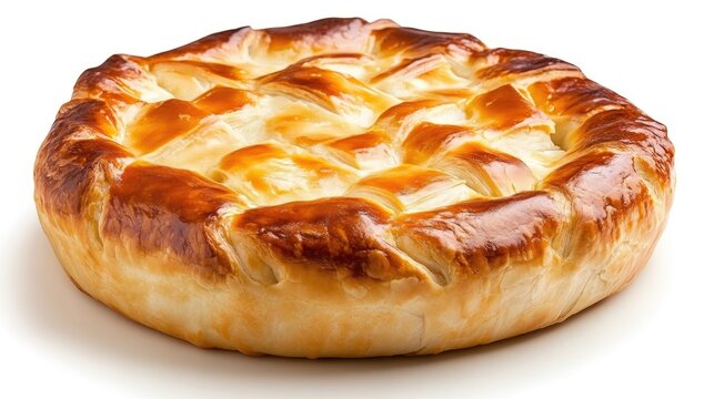 Traditional Russian kurnik chicken and rice pie on an absolutely white background.