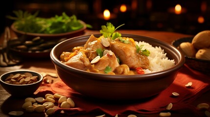 Massaman Gai in a traditional bowl with steamed ric