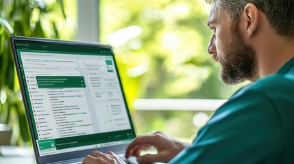 5g networks connectivity AI integration Focused man working on a laptop in a bright, green environment.