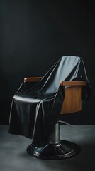 Salon barber chair wood trim under black cape in studio setting, chair with chrome base