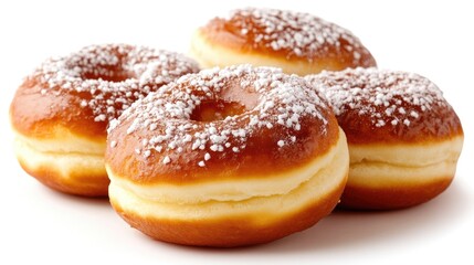 Warm and fluffy Portuguese malasadas doughnuts on an immaculately white background.