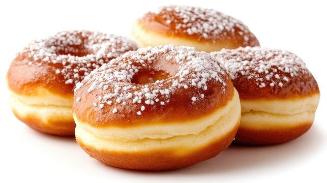 Warm and fluffy Portuguese malasadas doughnuts on an immaculately white background.