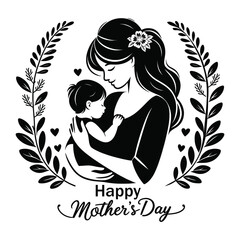 Mother and Child Silhouette Vector – Happy Mother's Day Illustration – Mom Hugging Baby Black and White Clipart