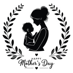 Mother and Baby Silhouette Vector Happy Mothers Day Black and White Illustration with Floral Elements