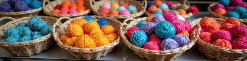 Vibrant yarn balls displayed in woven baskets: a colorful array of knitting supplies
