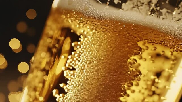 Close-up of Beer Bubbles Rising in a Glass