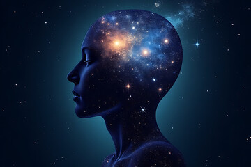 Obraz premium Cosmic reflection of human consciousness universe digital illustration dark environment side view
