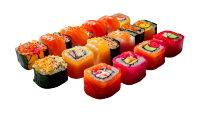 Vibrant Neon Sushi Art Geometric Artificial Rolls on Minimalist On White  Background
