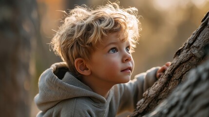 A young child with curly hair gazes upwards while carefully climbing a rugged tree. The warm glow of the setting sun enhances the tranquil beauty of the forest surroundings