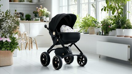 Sleek black baby stroller modern minimalist design infant carriage childcare product