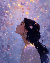 A woman with long hair is looking up at the sky, surrounded by stars