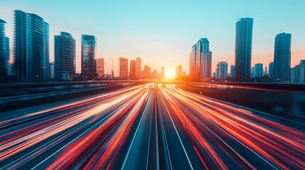 Fototapeta premium Blurred Motion of Fast-Paced Urban Skyline at SunriseSunset