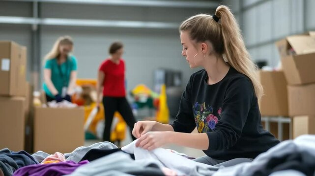 A woman kneels by a donation pile, carefully folding clothes for those in need. In the background, two volunteers arrange boxes and sort garments, reinforcing the theme of communit