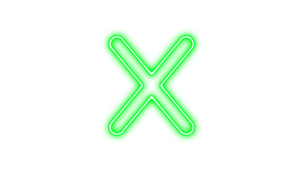 Neon x icon green color glow with transparent background