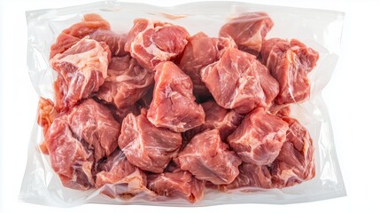 Meat in a vacuum-packed, transparent plastic bag on a white background. 3