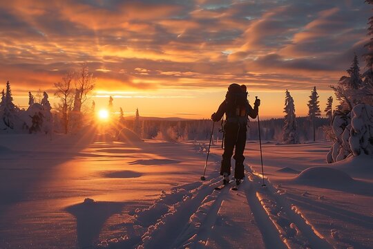 Skier Silhouette at Sunset Backcountry Expedition on Snowy Trail Amidst Winter Trees