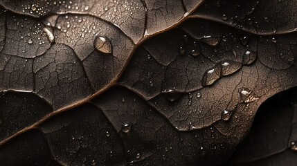 water droplets flowing along the veins of a rose leaf, glimmering in the light.