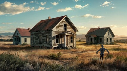 Obraz premium Three Deserted Farmhouses in a Blue Sky on a Dry Grassland