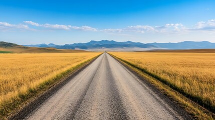 Endless Dirt Road Through Vast Rural Landscape with Distant Majestic Mountains