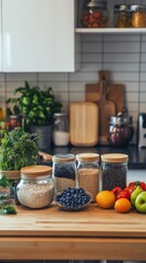 Eco Friendly Meal Planning space text/ Glass Jars of Beans and Grains with Fresh Fruit on Kitchen Counter