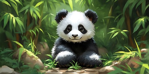 Naklejka premium Cute Panda in Bamboo Forest