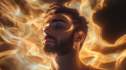Obraz premium Man in Tranquil Contemplation Surrounded by Ethereal Golden Light