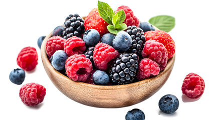 A bowl of fruit with berries, raspberries, and blueberries isolated on a white background