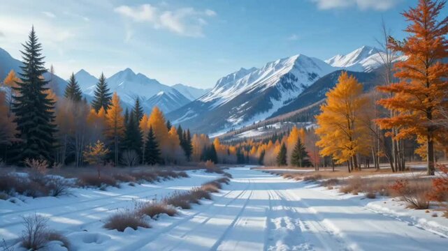 Snowy mountains rise beyond a wintry valley with bare trees and patches of fall color, winter landscape in the mountains