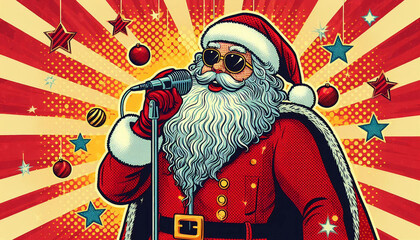 Cool Pop Art Santa Singing with Microphone – Retro Christmas Celebration
